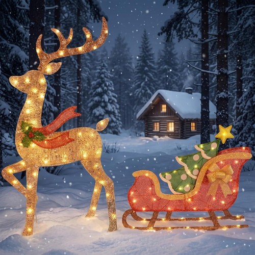Lighted reindeer and - lighted, sleigh
